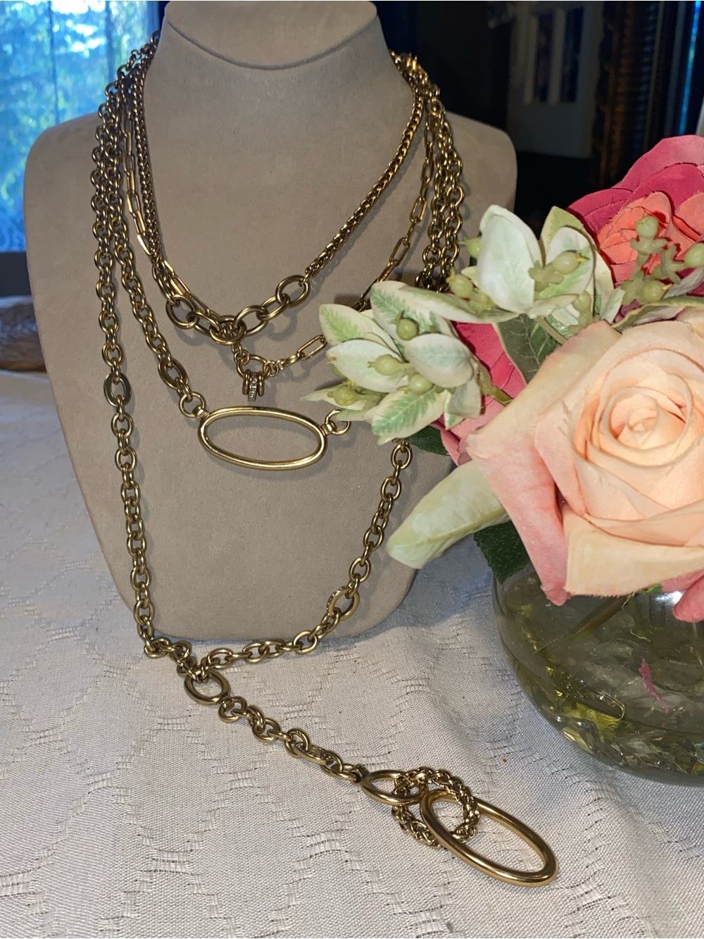 WHBM Gold Multi-Layer Chain Necklace with Oval Pendant